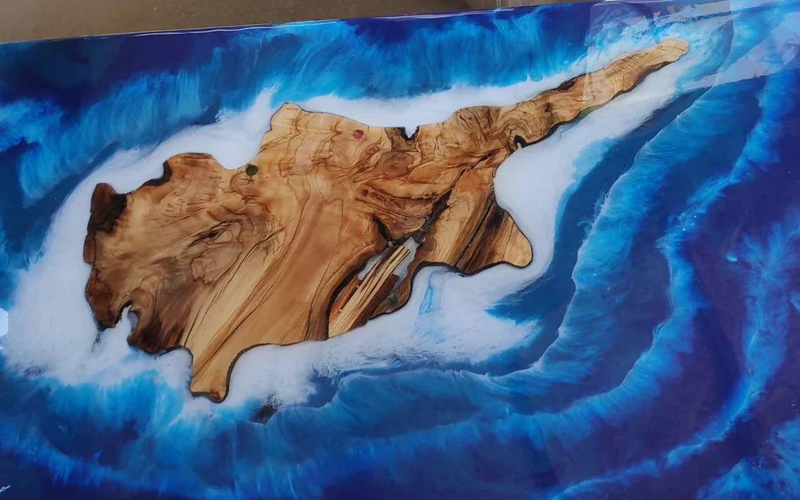 Art Cyprus sea RIVER COFFEE TABLE with blue epoxy resin and olive wood