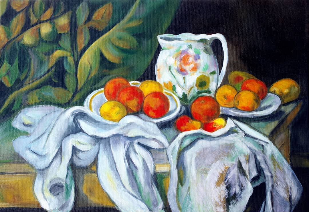 Still Life with Curtain and Flowered Pitcher by Elena Zagrebelna